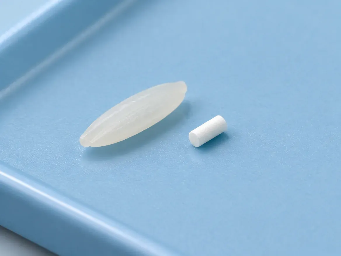A tiny hormone pellet beside a grain of rice on a sterile tray