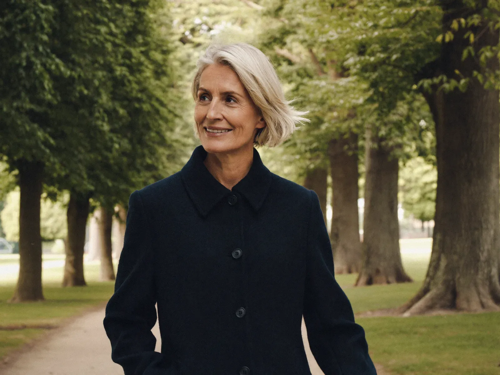 A smiling woman with silver hair walking along a tree-lined path