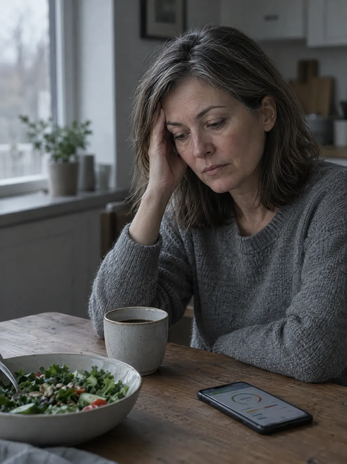A tired woman at her kitchen table on a gray afternoon, her hand against her temple