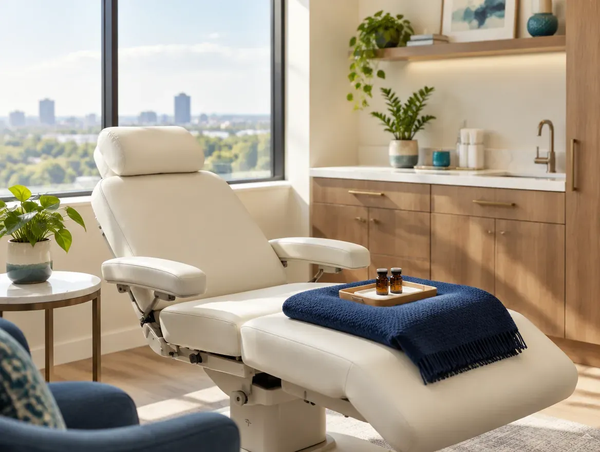 A bright treatment room with a padded chair, a navy blanket and two small vials