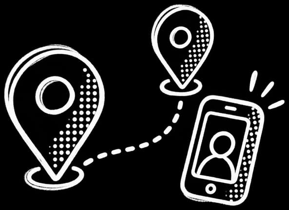 A chalk-style white drawing of two map pins joined by a dotted route and a phone on a video visit