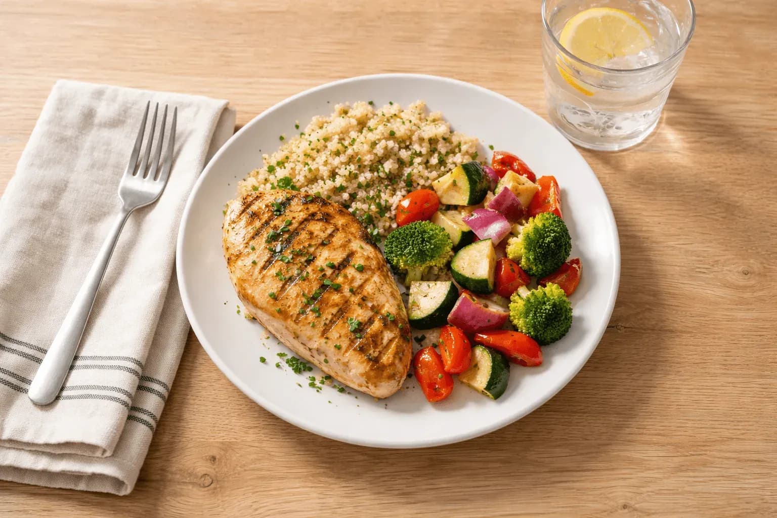 A balanced plate of grilled chicken, quinoa and vegetables