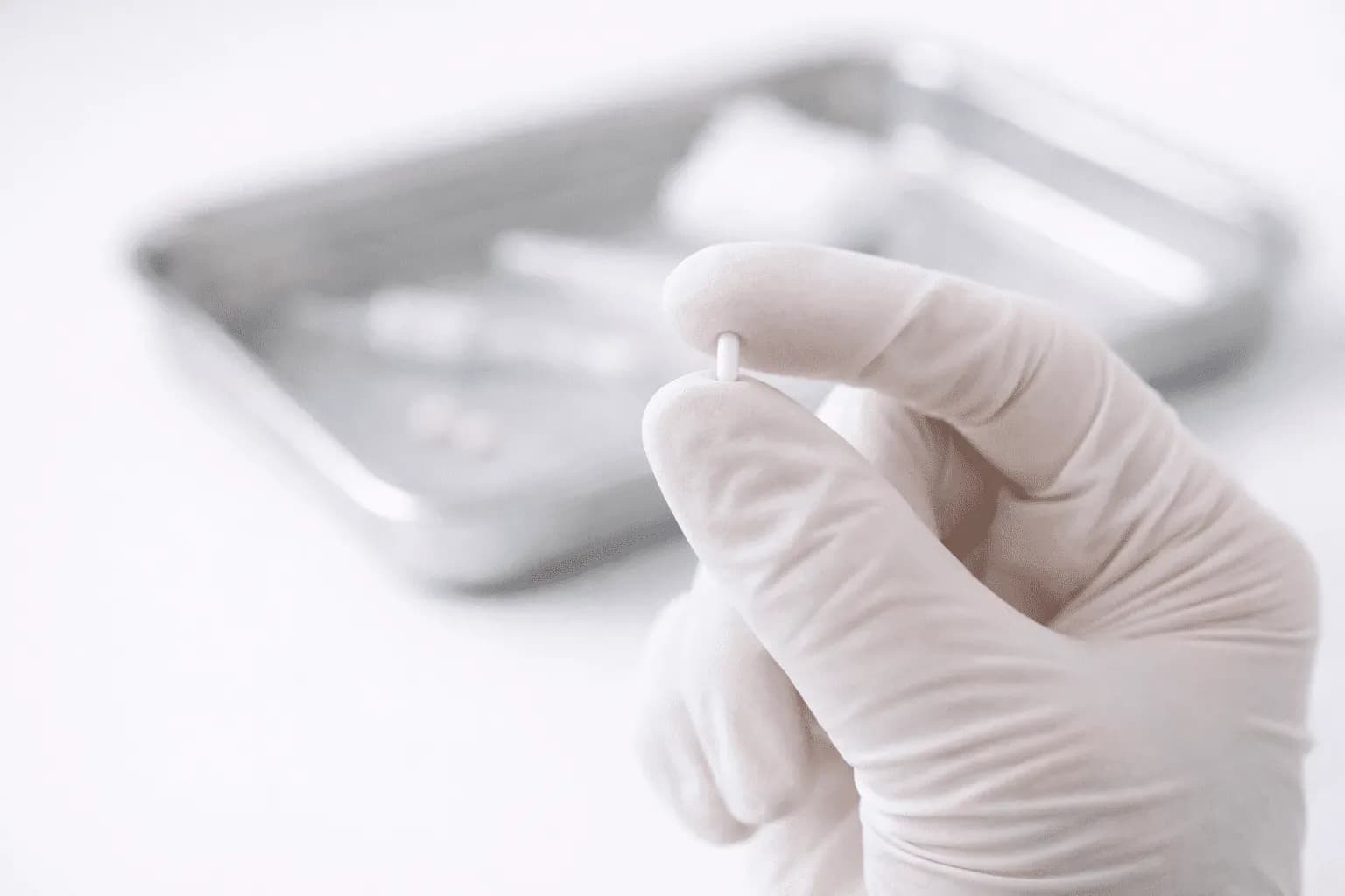 A hormone pellet held in a gloved hand