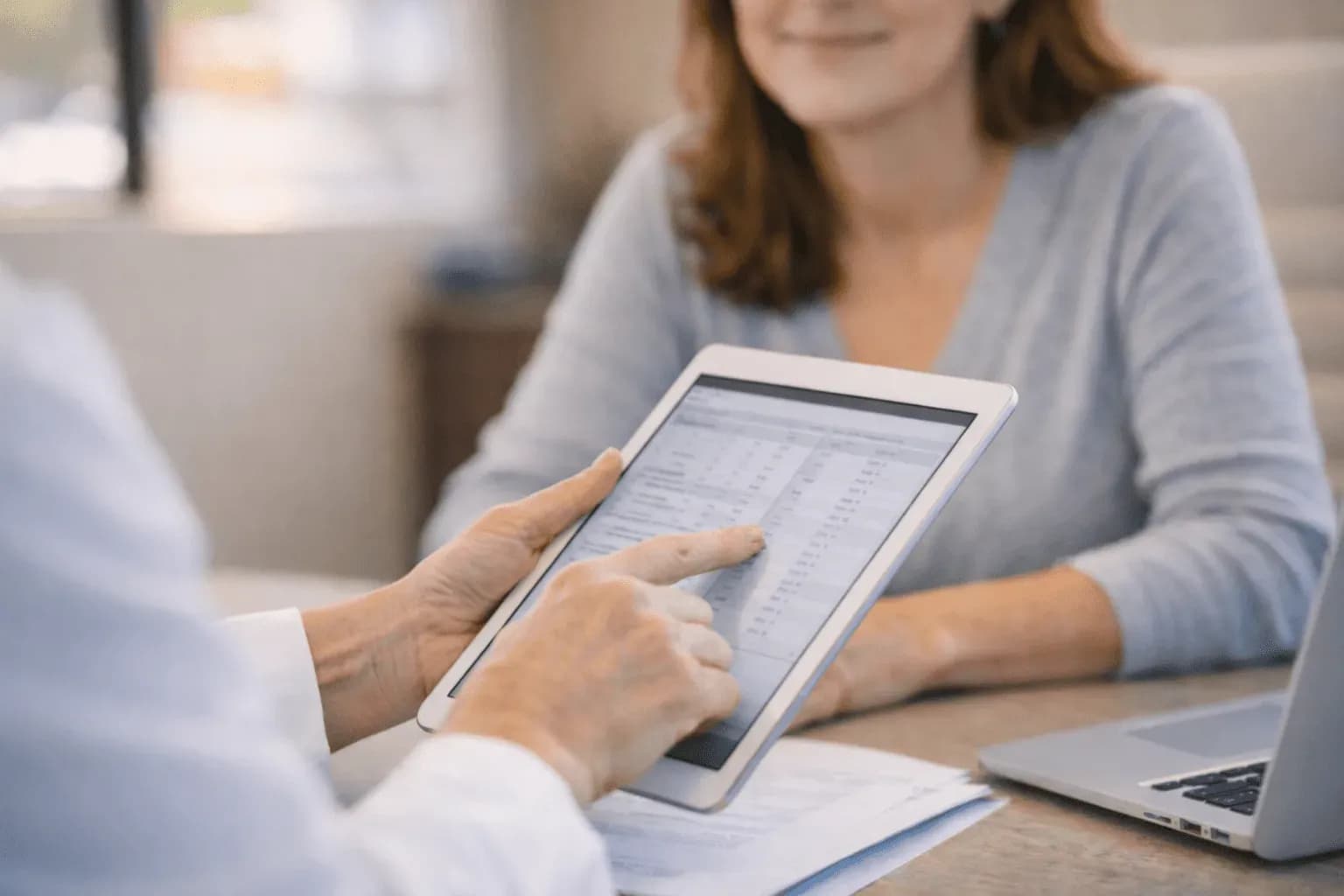 A provider reviewing labs on a tablet with a patient