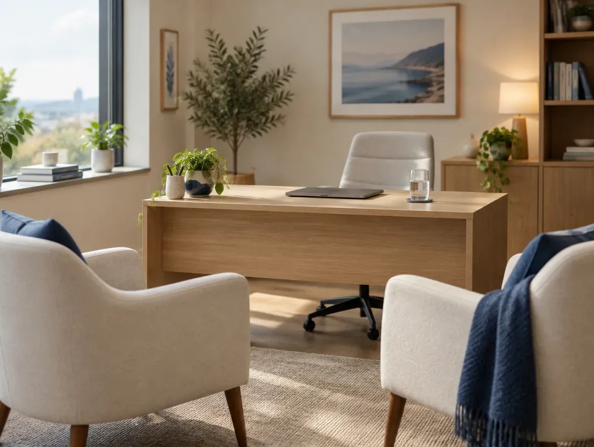A calm consultation room with two armchairs facing a light oak desk