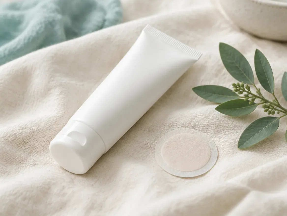 A cream tube and a round hormone patch on soft linen beside a sprig of greenery