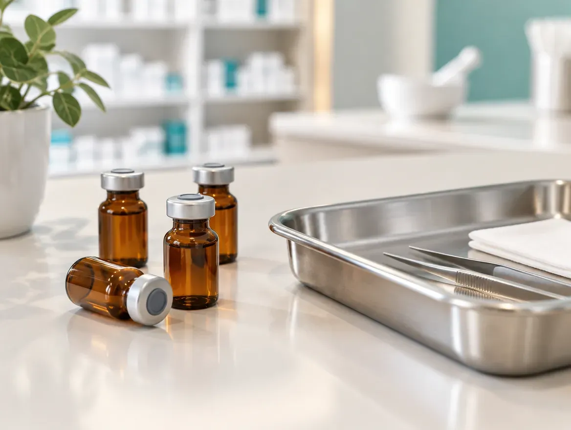 Amber medication vials beside a sterile tray on a pharmacy counter