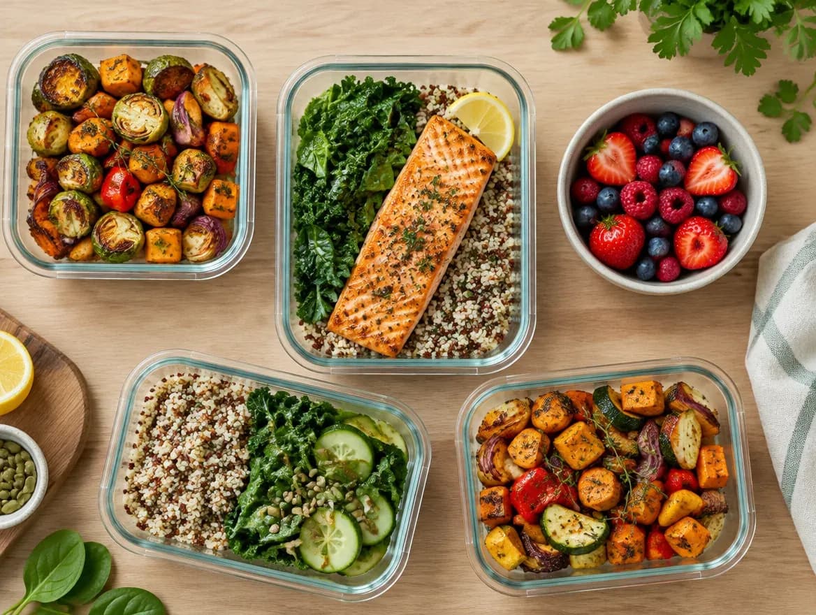Meal prep containers with salmon, quinoa, greens and roasted vegetables