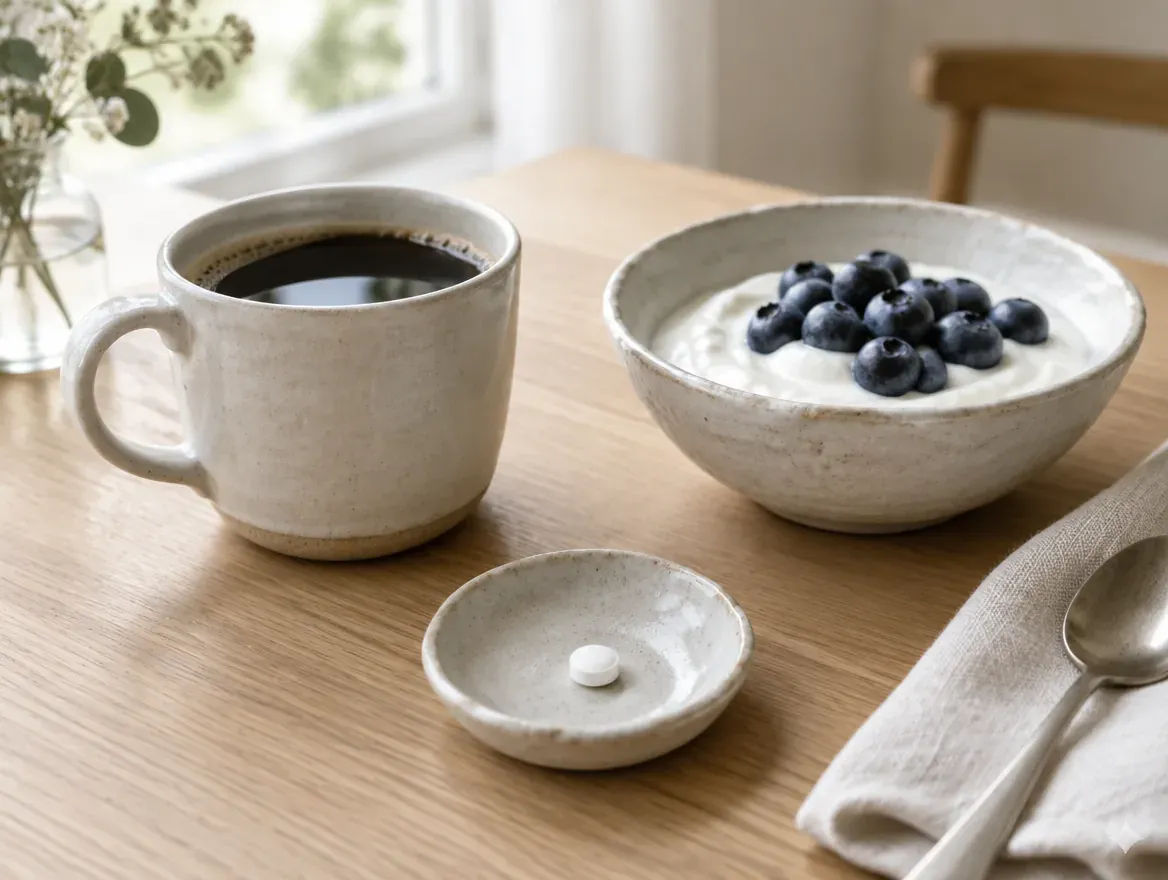 A small tablet in a ceramic dish beside coffee and yogurt with blueberries