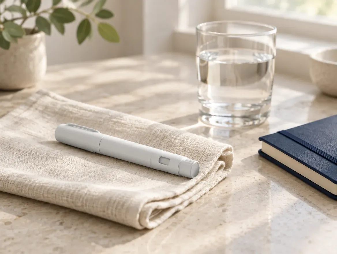 An injection pen on folded linen beside a glass of water and a weekly planner
